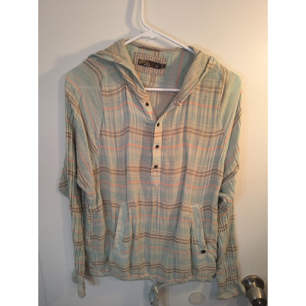 Prana Baja Popover Hoodie Womens Medium Striped Organic Cotton Beach Pullover